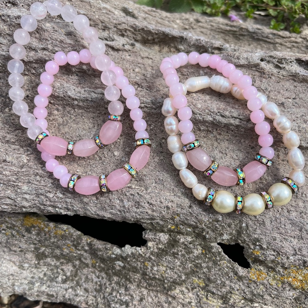 Rose quartz and amethyst and agate and sale water pearls- gold plated hearts and